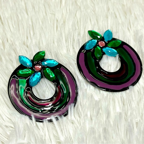VINTAGE : 80s La Rage Modernist Mixed Materials Pierced Earrings - Picture 9 of 10